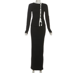 Button crewneck long sleeve maxi skirt set