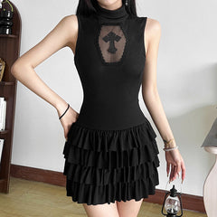 High neck sleeveless cross pattern ruffle mini dress