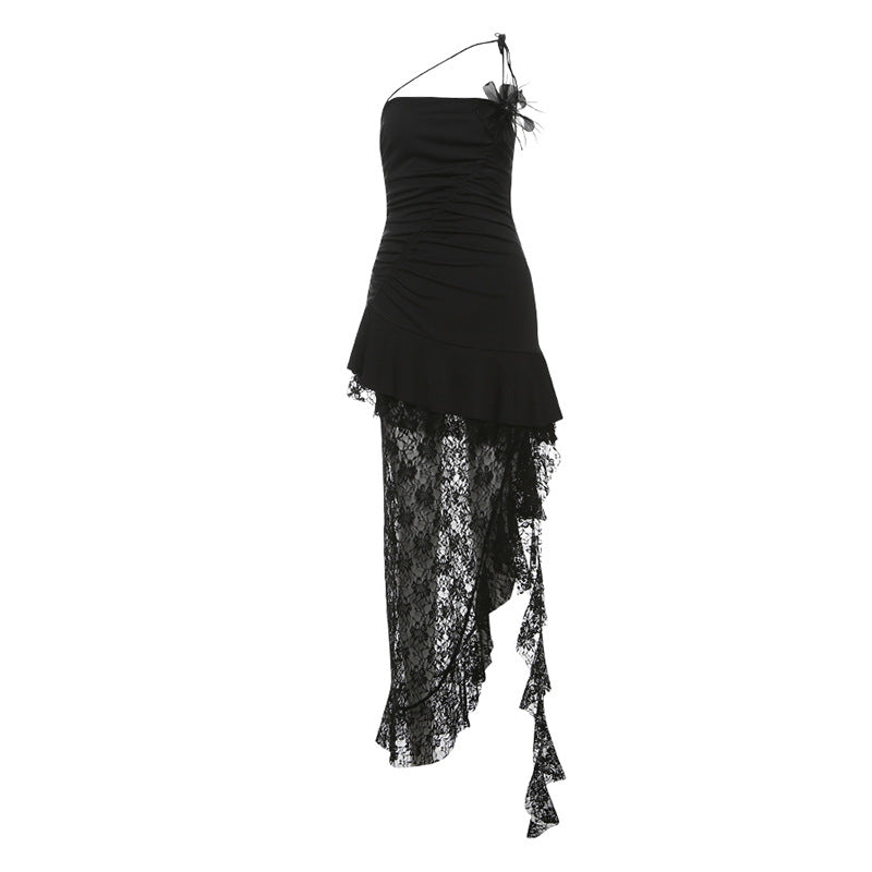 Ruffle lace slit flower applique maxi dress