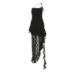 Ruffle lace slit flower applique maxi dress