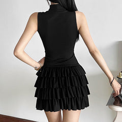 High neck sleeveless cross pattern ruffle mini dress