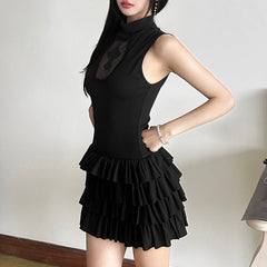 High neck sleeveless cross pattern ruffle mini dress