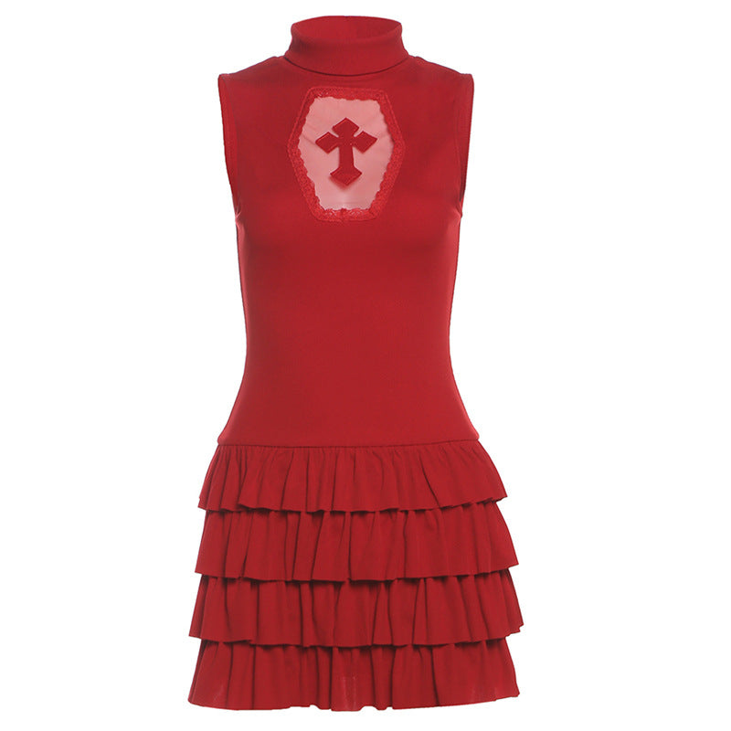 High neck sleeveless cross pattern ruffle mini dress