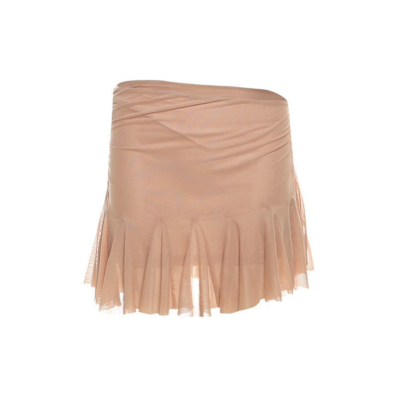 Ruffle mesh ruched mini skirt