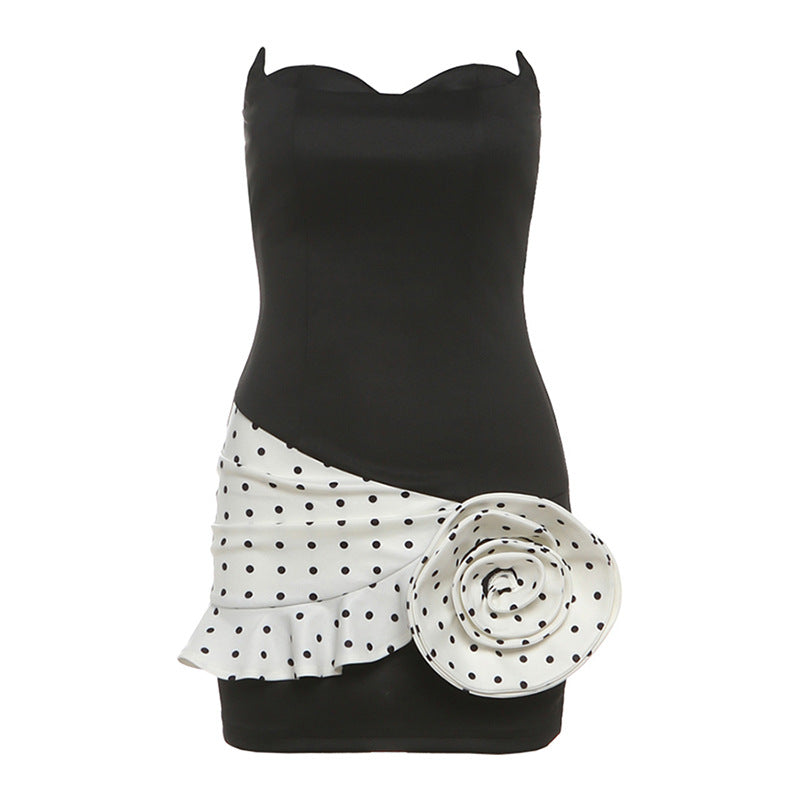 Flower applique backless polka dot mini dress