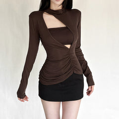 Long sleeve ruched 2 piece hollow out cut out top