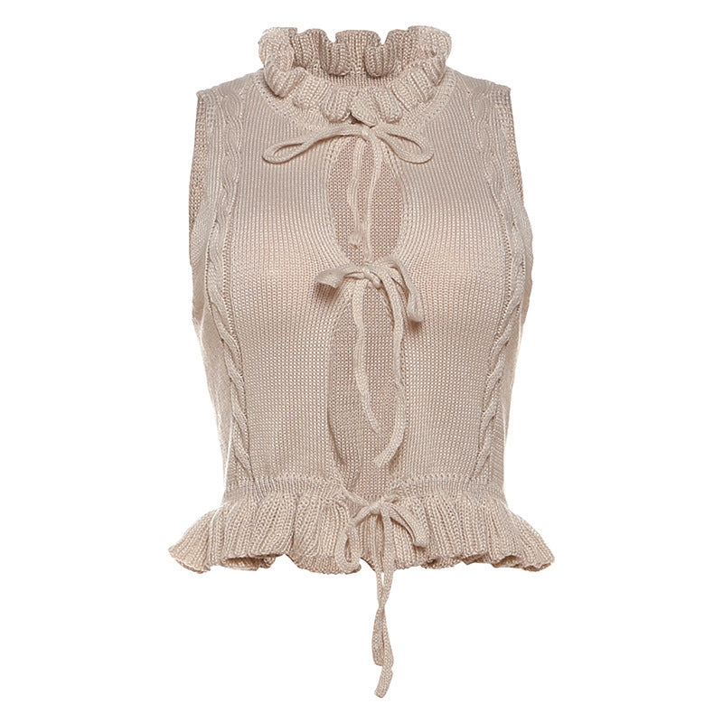 Sleeveless knitted ruffle self tie top