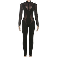 High neck long sleeve mesh patchwork jumpsuit