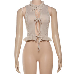 Sleeveless knitted ruffle self tie top