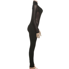 High neck long sleeve mesh patchwork jumpsuit