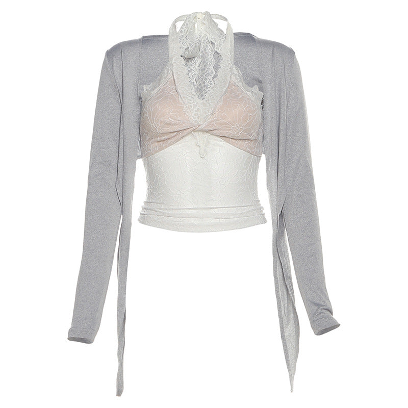 Halter long sleeve lace self tie 2 piece top