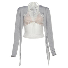 Halter long sleeve lace self tie 2 piece top