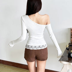 One shoulder long sleeve beaded lace hem top