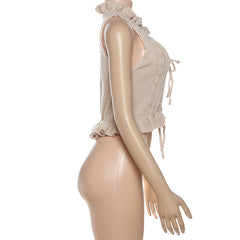 Sleeveless knitted ruffle self tie top