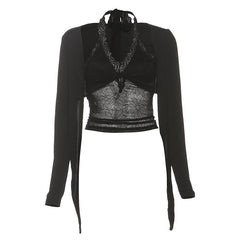 Halter long sleeve lace self tie 2 piece top
