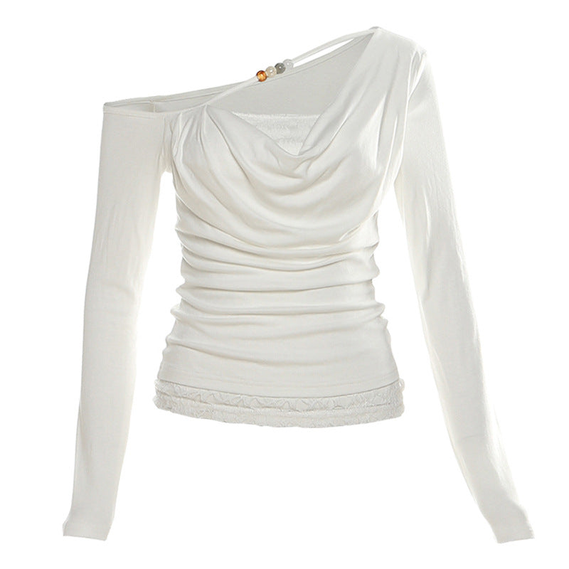 One shoulder long sleeve beaded lace hem top