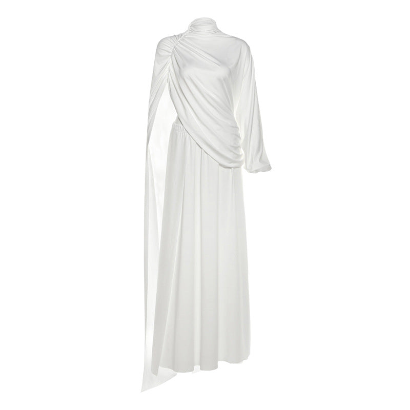 High neck ruched solid maxi skirt set