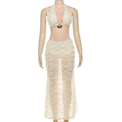 Halter v neck flower pattern 3 piece maxi skirt set