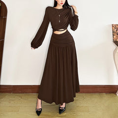 Long sleeve hollow out ruched slit cut out maxi dress