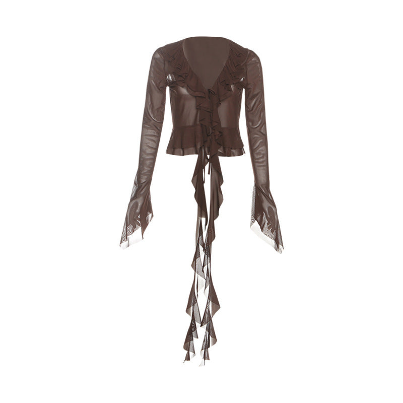 Long flared sleeve mesh ruffle top