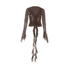 Long flared sleeve mesh ruffle top