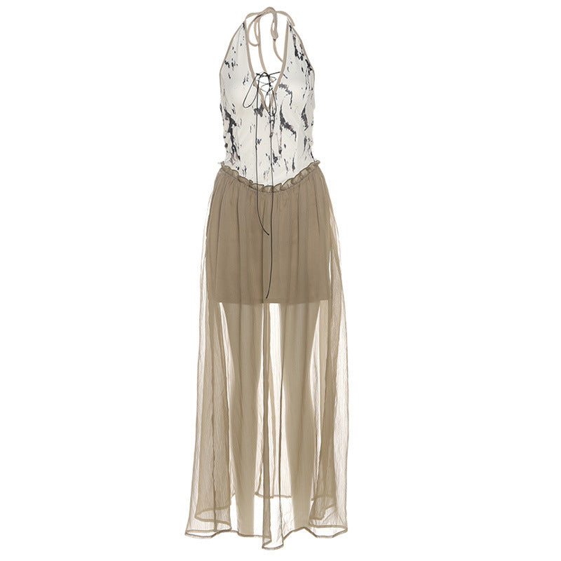 Halter v neck backless print ruffle maxi dress