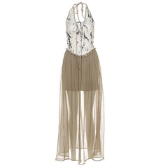Halter v neck backless print ruffle maxi dress