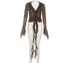 Long flared sleeve mesh ruffle top