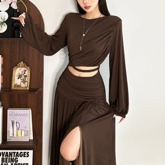 Long sleeve hollow out ruched slit cut out maxi dress
