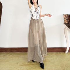 Halter v neck backless print ruffle maxi dress