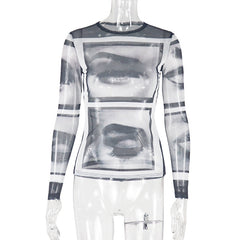 Long sleeve abstract crewneck mesh top