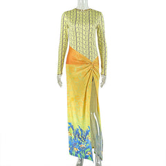 Long sleeve crewneck high slit contrast maxi dress