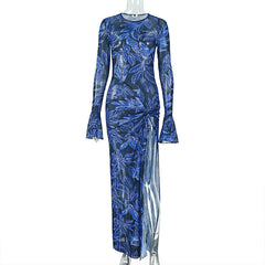 Long flared sleeve crewneck slit print mesh maxi dress