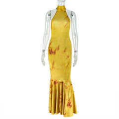 Halter high neck backless print maxi dress