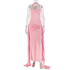 Halter ruched backless o ring maxi dress