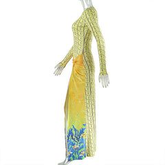 Long sleeve crewneck high slit contrast maxi dress