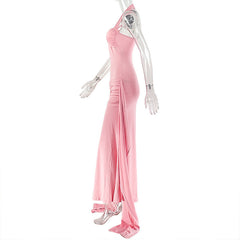 Halter ruched backless o ring maxi dress