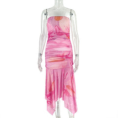 Irregular print mesh tube maxi dress