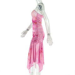 Irregular print mesh tube maxi dress