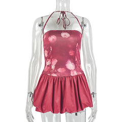 Halter flower print self tie ruched mini dress