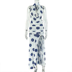 Halter high slit polka dot ruched mesh maxi dress