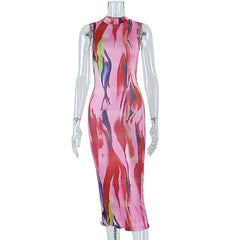 Sleeveless crewneck contrast print maxi dress