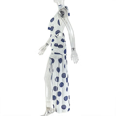 Halter high slit polka dot ruched mesh maxi dress