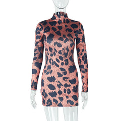 High neck leopard print long sleeve mini dress