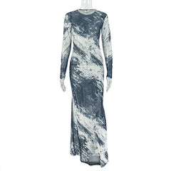 Long sleeve mesh crewneck contrast maxi dress