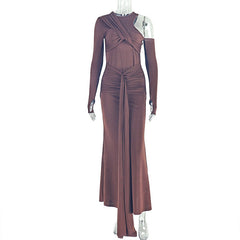 Crewneck long sleeve ruched hollow out cut out maxi dress