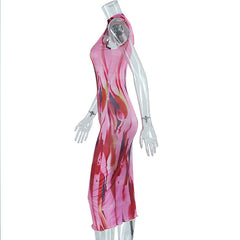 Sleeveless crewneck contrast print maxi dress