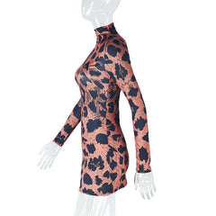 High neck leopard print long sleeve mini dress
