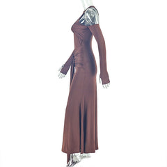 Crewneck long sleeve ruched hollow out cut out maxi dress