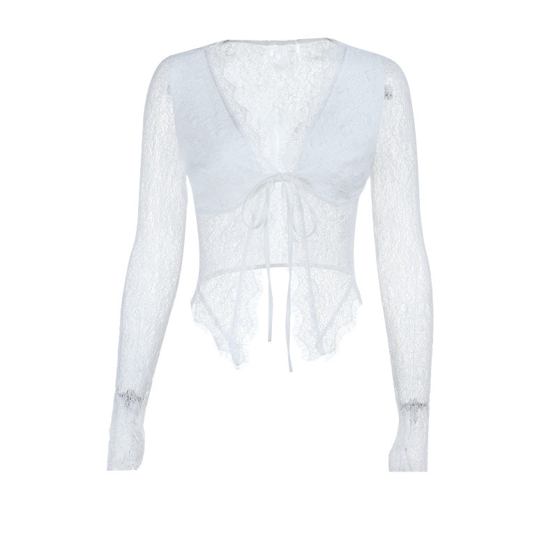 Long sleeve lace v neck self tie crop top